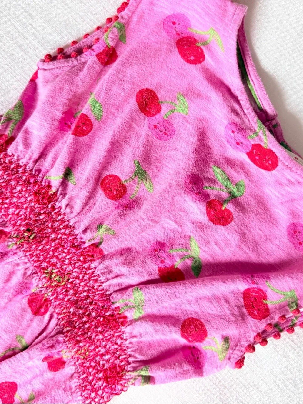 Mini Boden Pink Cherry Smocked Waist Sleeveless Dress size 5-6yr